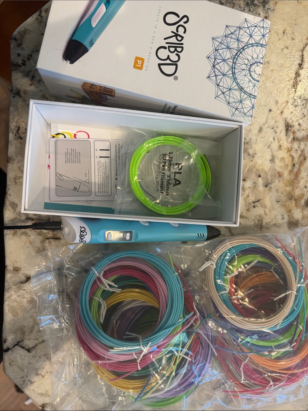 P1 Kids 3D Printing Pen in Teal with Multicolor Filament